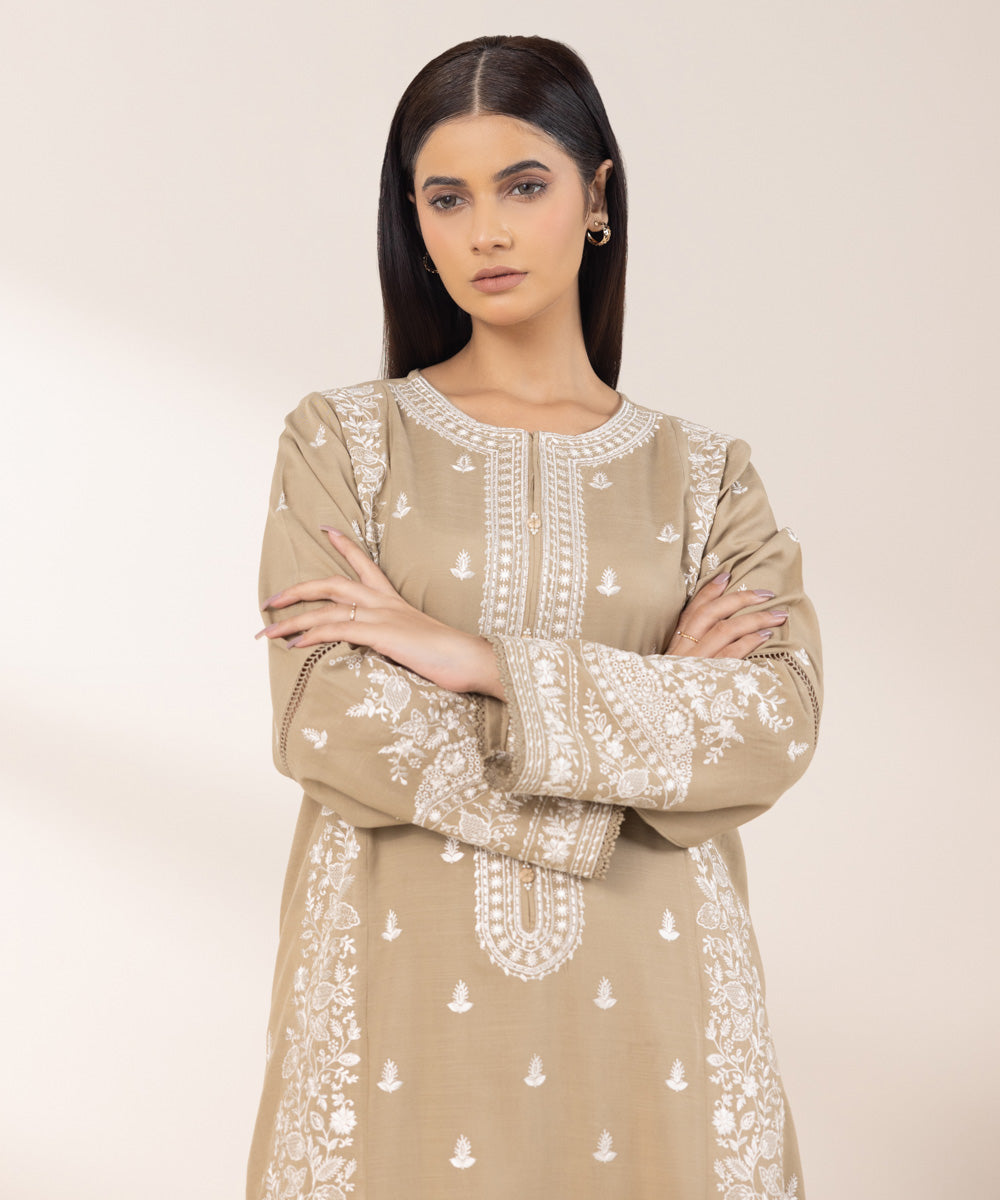 Women's Pret Dull Raw Silk Embroidered Beige A-Line Shirt