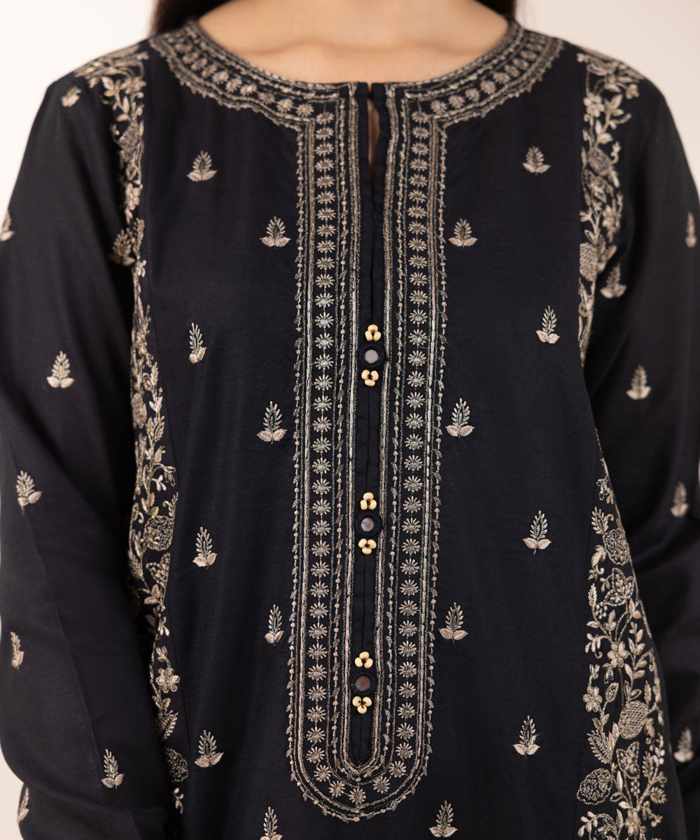 Women's Pret Dull Raw Silk Embroidered Black A-Line Shirt