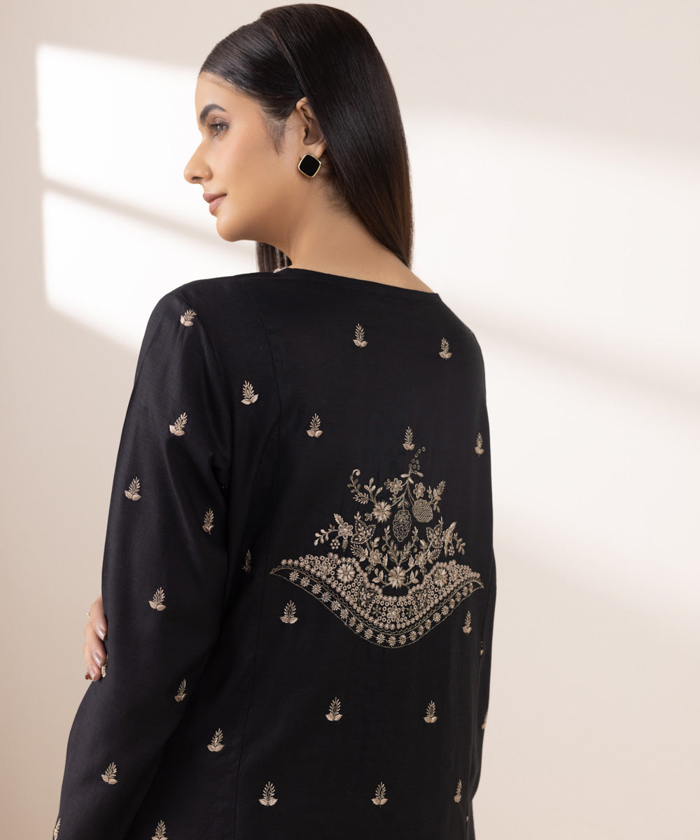 Women's Pret Dull Raw Silk Embroidered Black A-Line Shirt