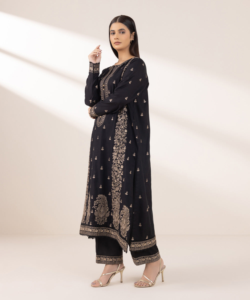 Women's Pret Dull Raw Silk Embroidered Black A-Line Shirt