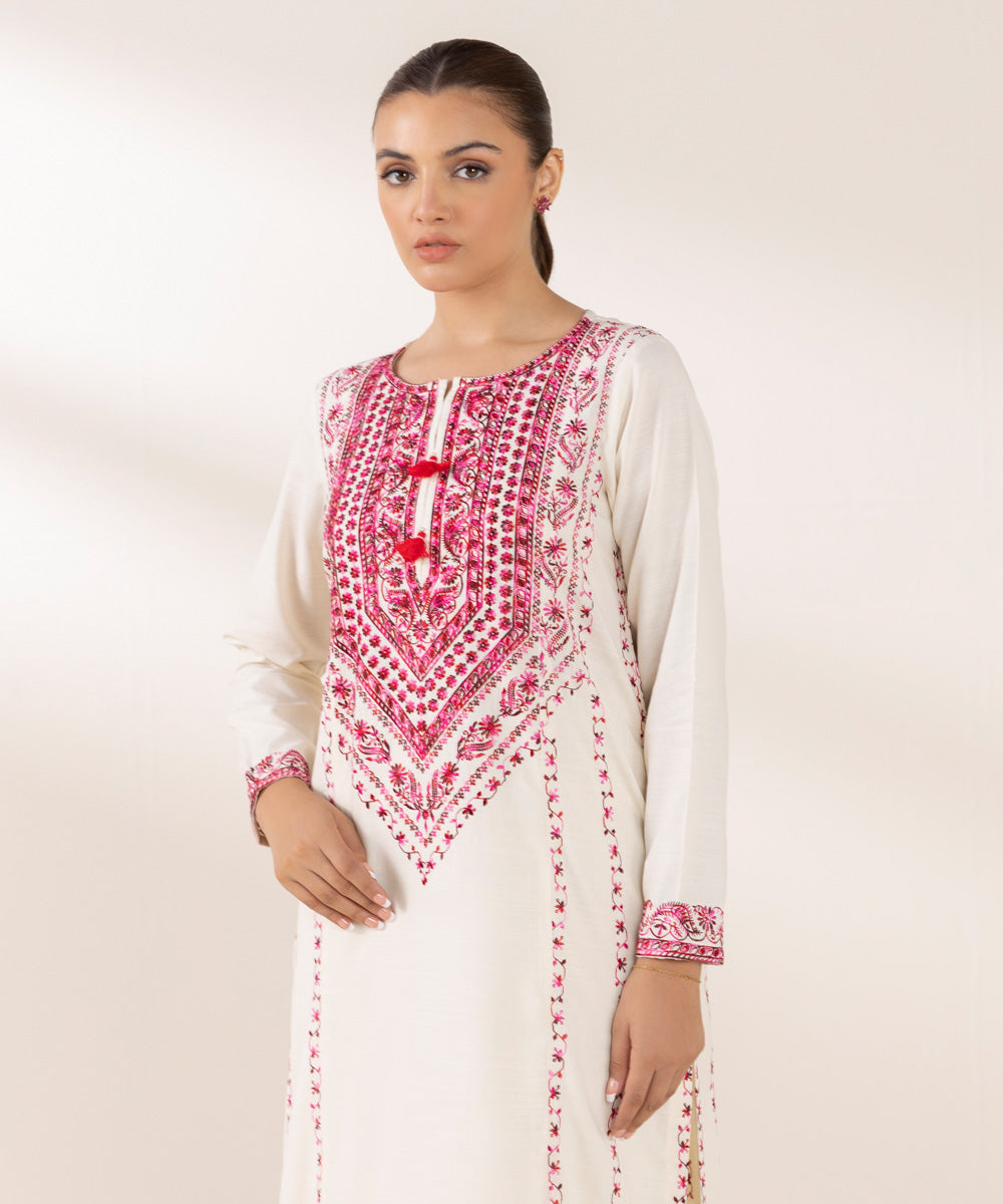 Women's Pret Dull Raw Silk Embroidered Off White A-Line Shirt