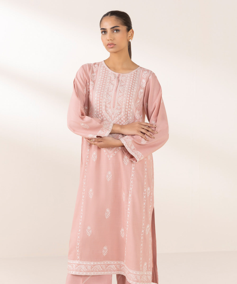 Women's Pret Dull Raw Silk Embroidered Pink A-Line Shirt