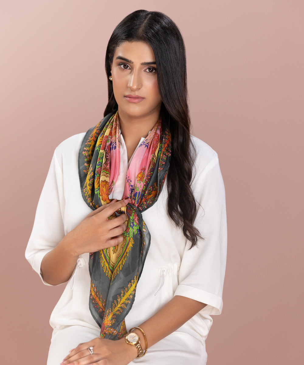 Women's Digital Printed Pink Silk Scarf