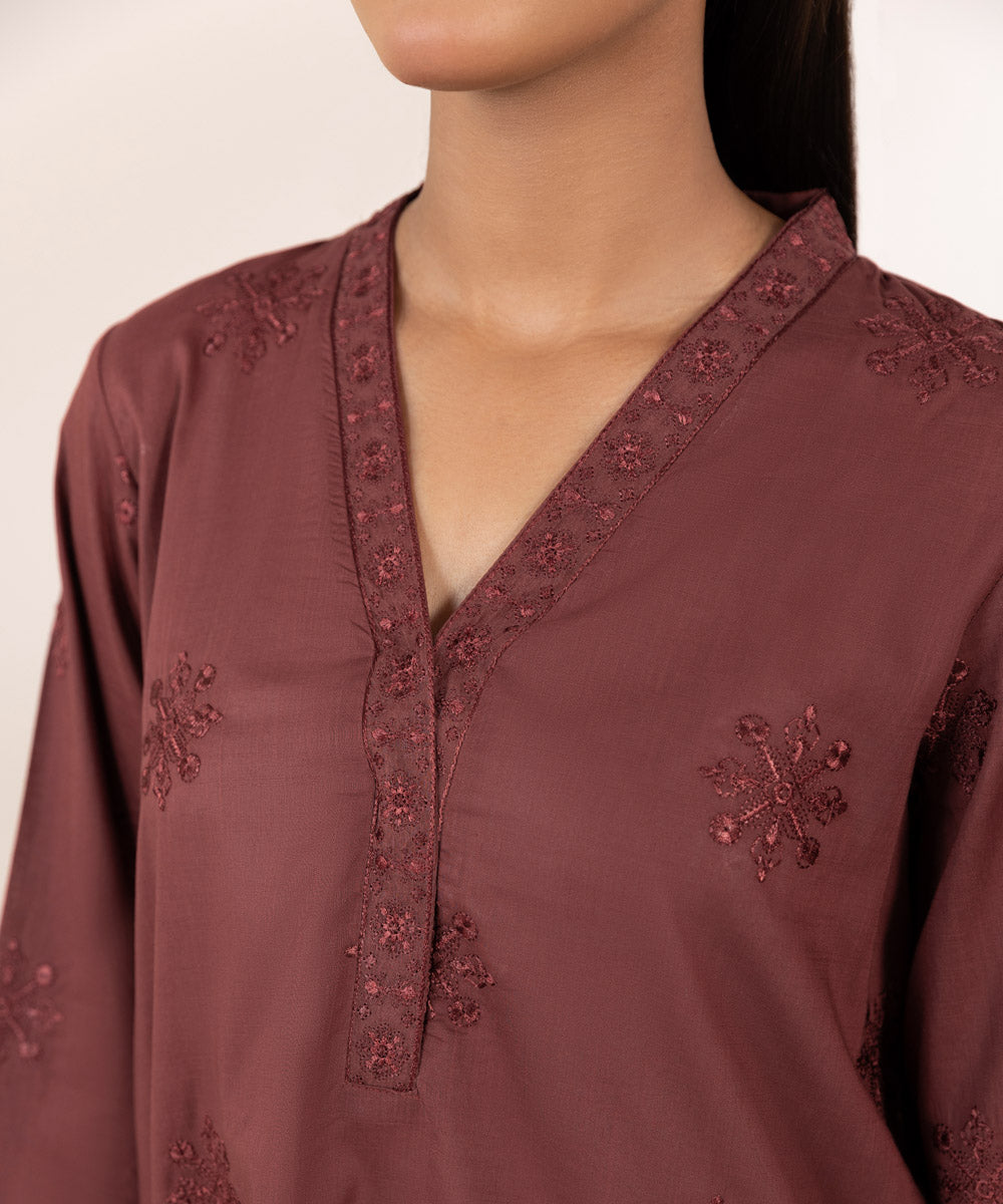 Women's Pret Cross Hatch Embroidered Red A-Line Shirt