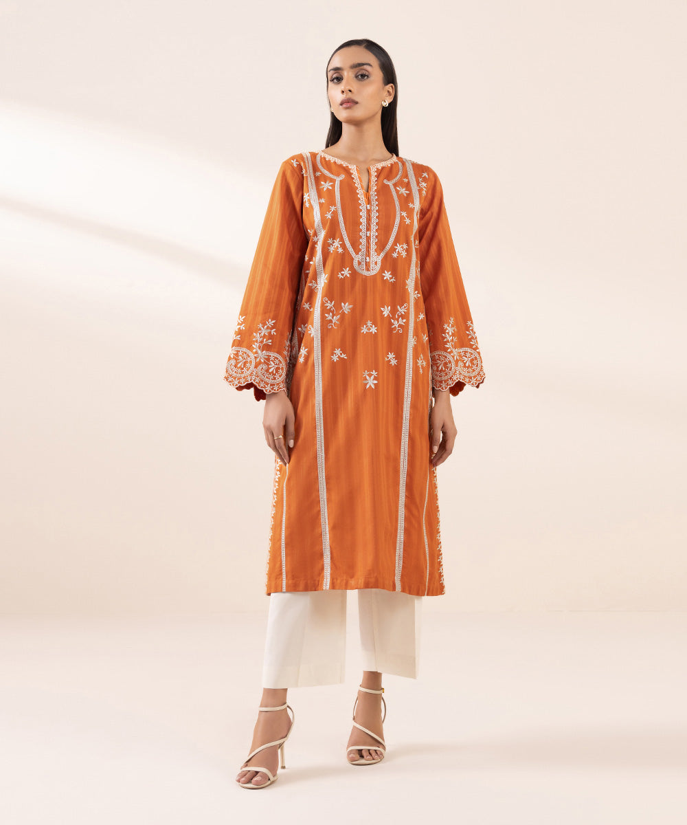 Women's Pret Dobby Orange Embroidered A-Line Shirt