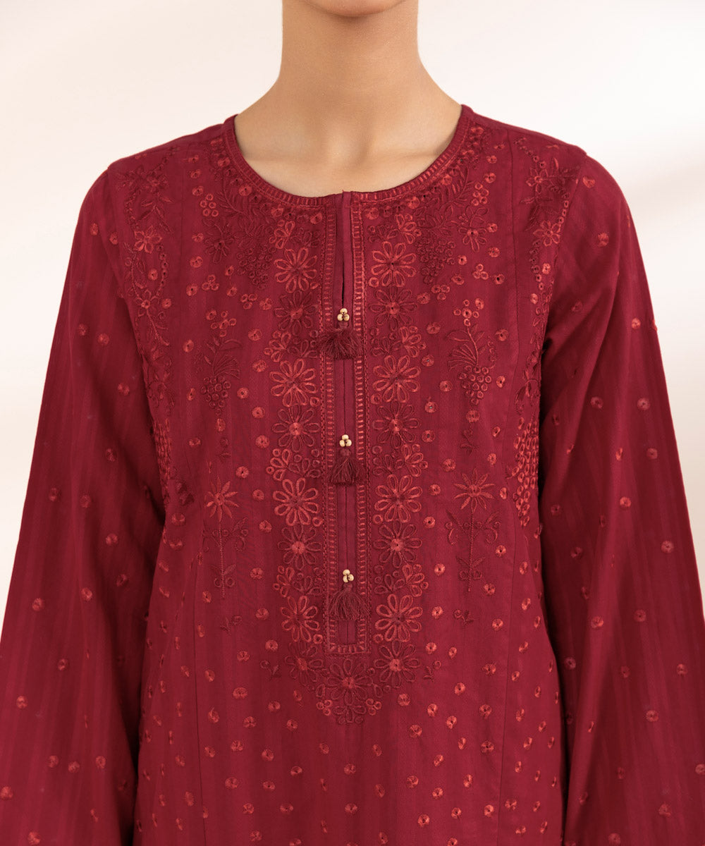 Women's Pret Dobby Red Embroidered A-Line Shirt