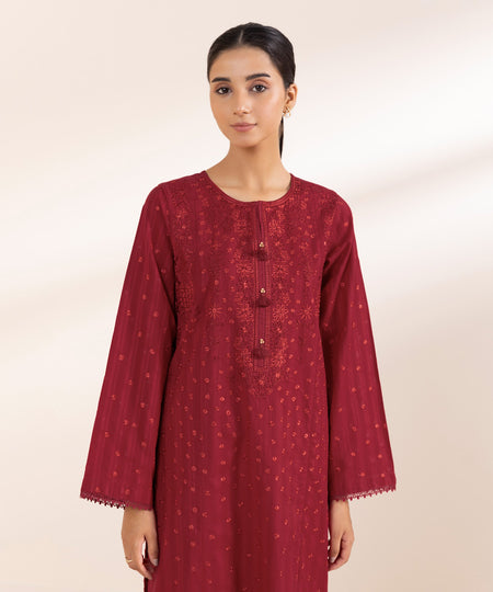 Women's Pret Dobby Red Embroidered A-Line Shirt