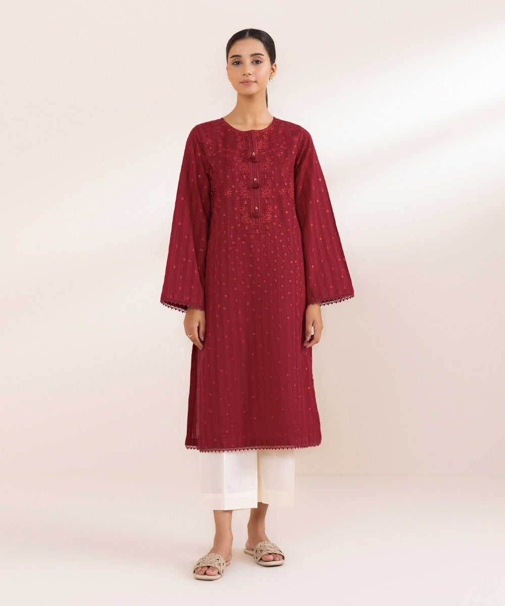 Women's Pret Dobby Red Embroidered A-Line Shirt