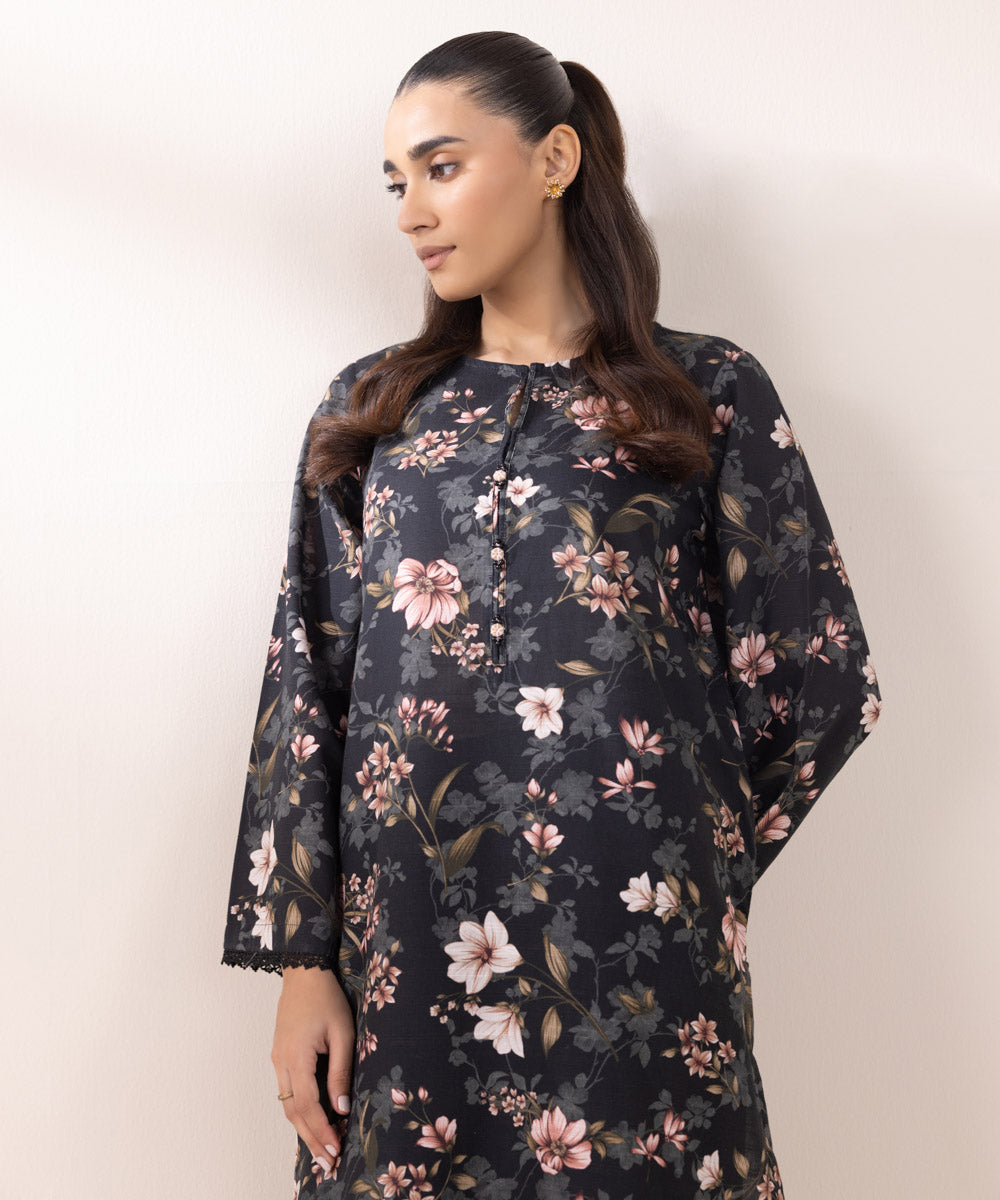 Women's Pret Khaddar Printed Black A-Line Shirt