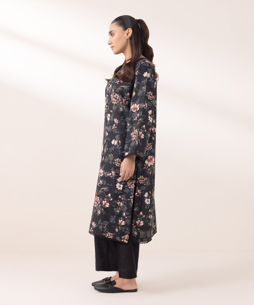 Women's Pret Khaddar Printed Black A-Line Shirt