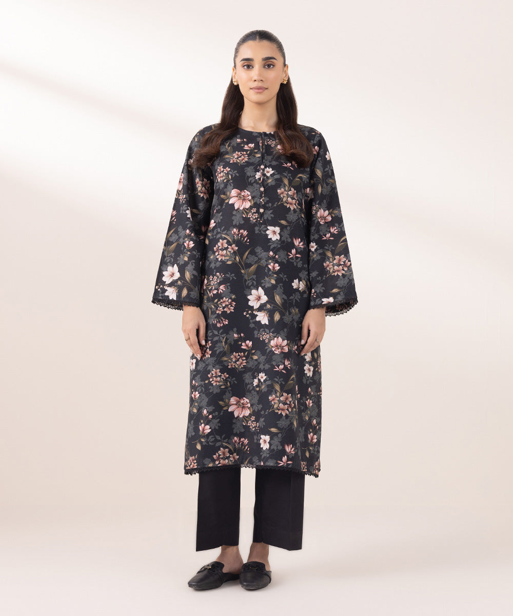 Women's Pret Khaddar Printed Black A-Line Shirt