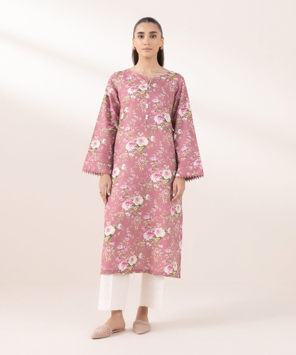 Women's Pret Khaddar Printed Tea Pink Straight Shirt