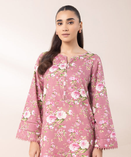 Women's Pret Khaddar Printed Tea Pink Straight Shirt