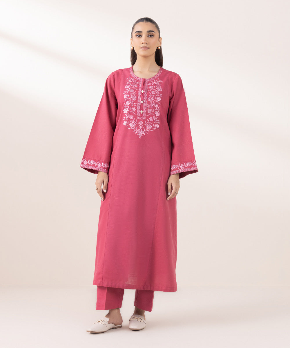 Women's Pret Khaddar Embroidered Punch Pink A-Line Shirt