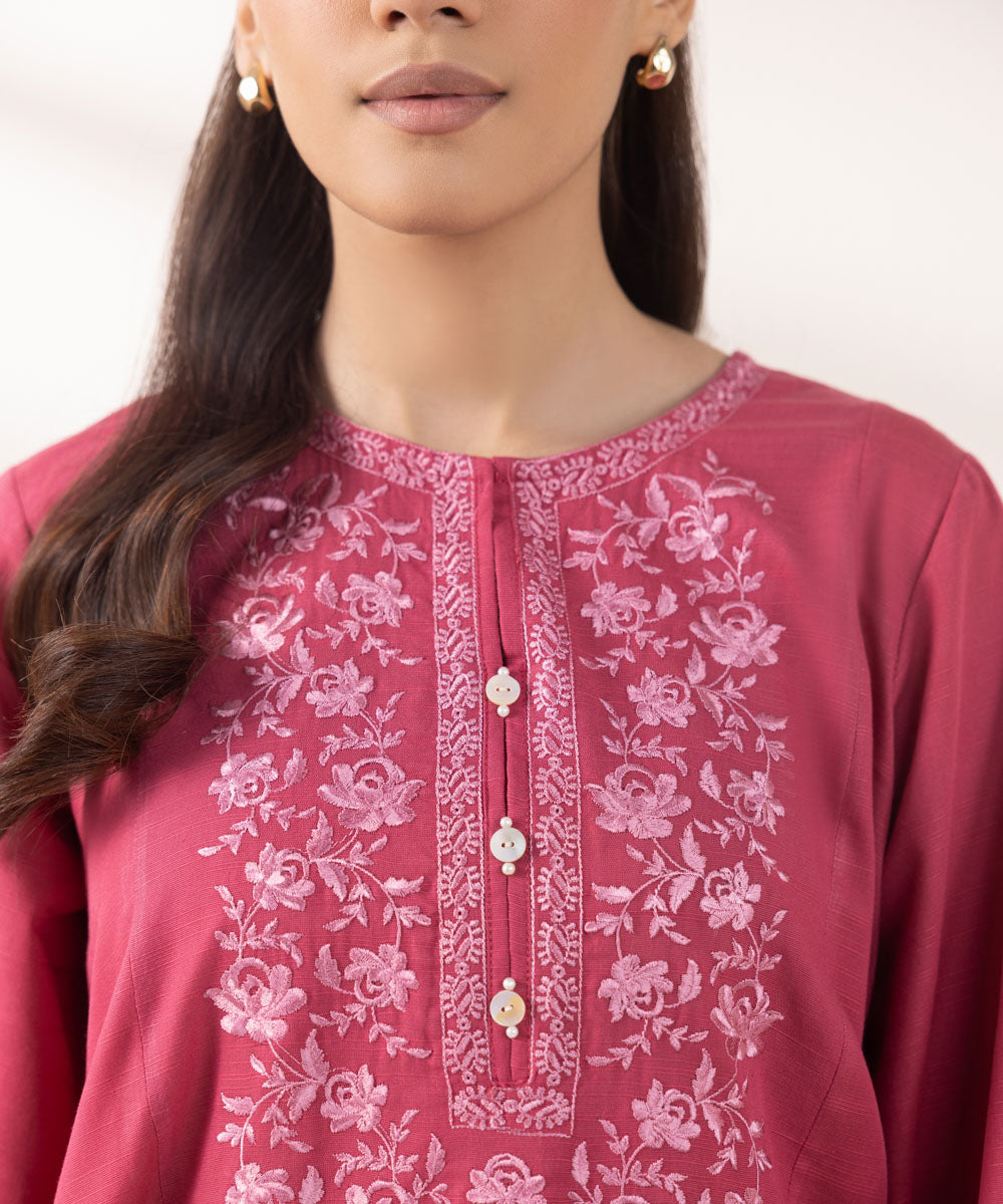 Women's Pret Khaddar Embroidered Punch Pink A-Line Shirt