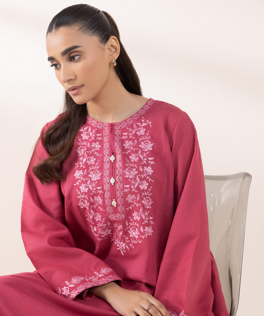 Women's Pret Khaddar Embroidered Punch Pink A-Line Shirt