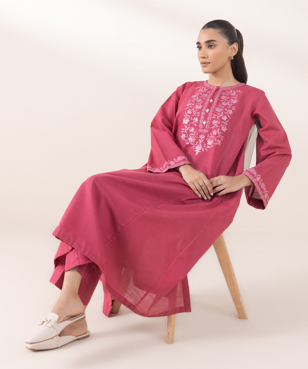 Women's Pret Khaddar Embroidered Punch Pink A-Line Shirt