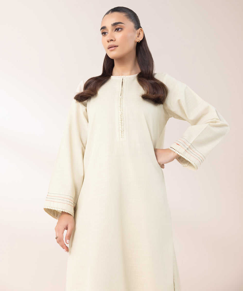 Women's Pret Khaddar Solid Beige A-Line Shirt