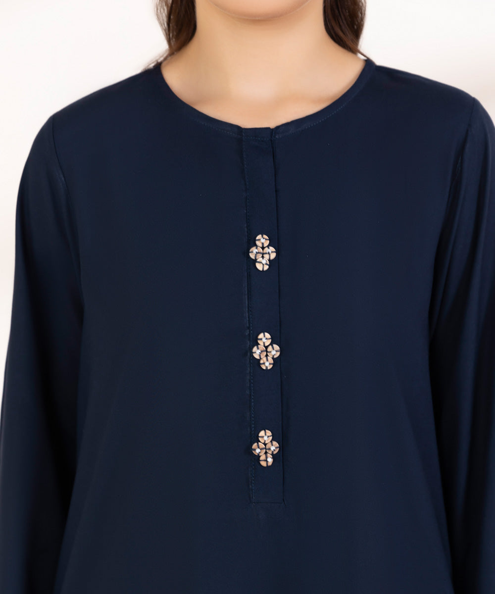 Women's Pret Linen Solid Midnight Blue A-Line Shirt