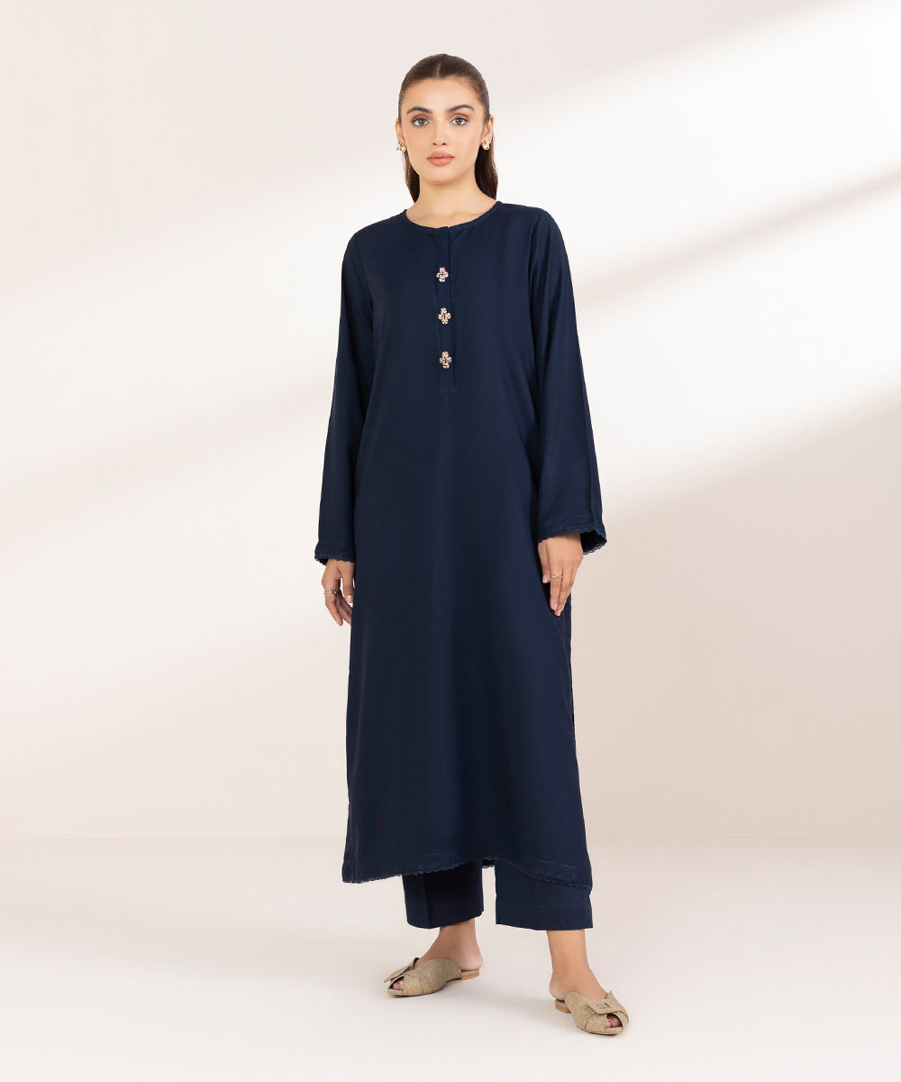 Women's Pret Linen Solid Midnight Blue A-Line Shirt