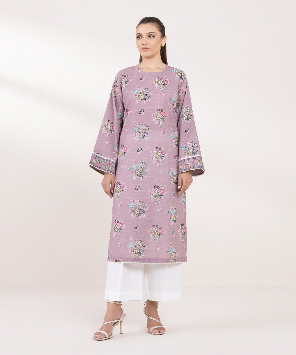 Women's Pret Khaddar Printed Purple Boxy Shirt