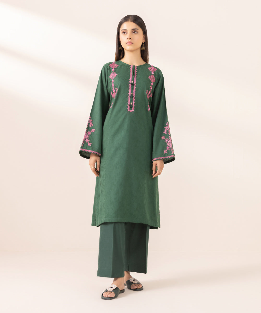 Women's Pret Cotton Jacquard Solid Embroidered Green A-Line Shirt