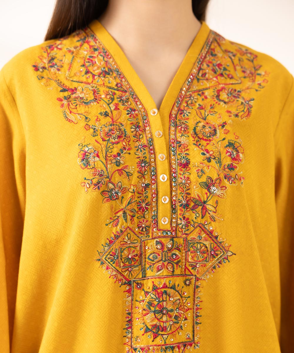 Women's Pret Cotton Jacquard Solid Embroidered Yellow A-Line Shirt