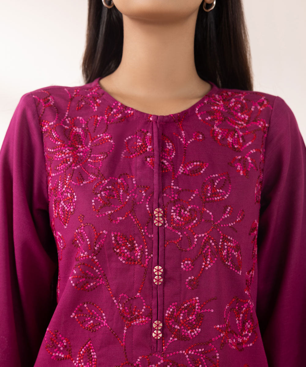 Women's Pret Khaddar Embroidered Magenta A-Line Shirt