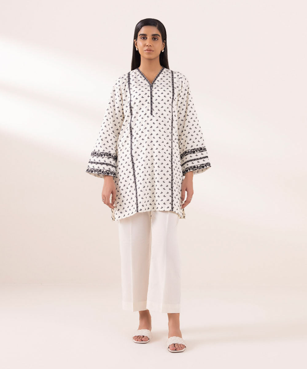 Women's Pret Cotton Printed Embroidered White A-Line Shirt