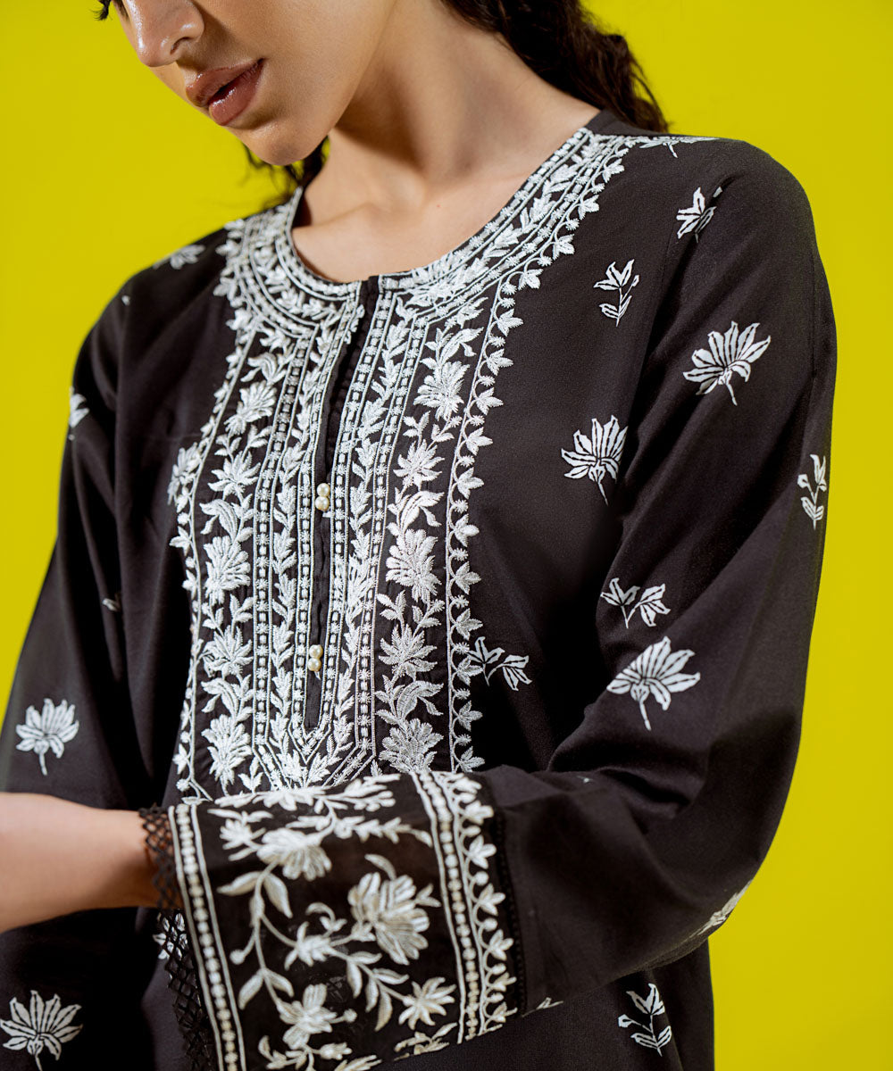 Women's Pret Cotton Printed Embroidered Black A-Line Shirt