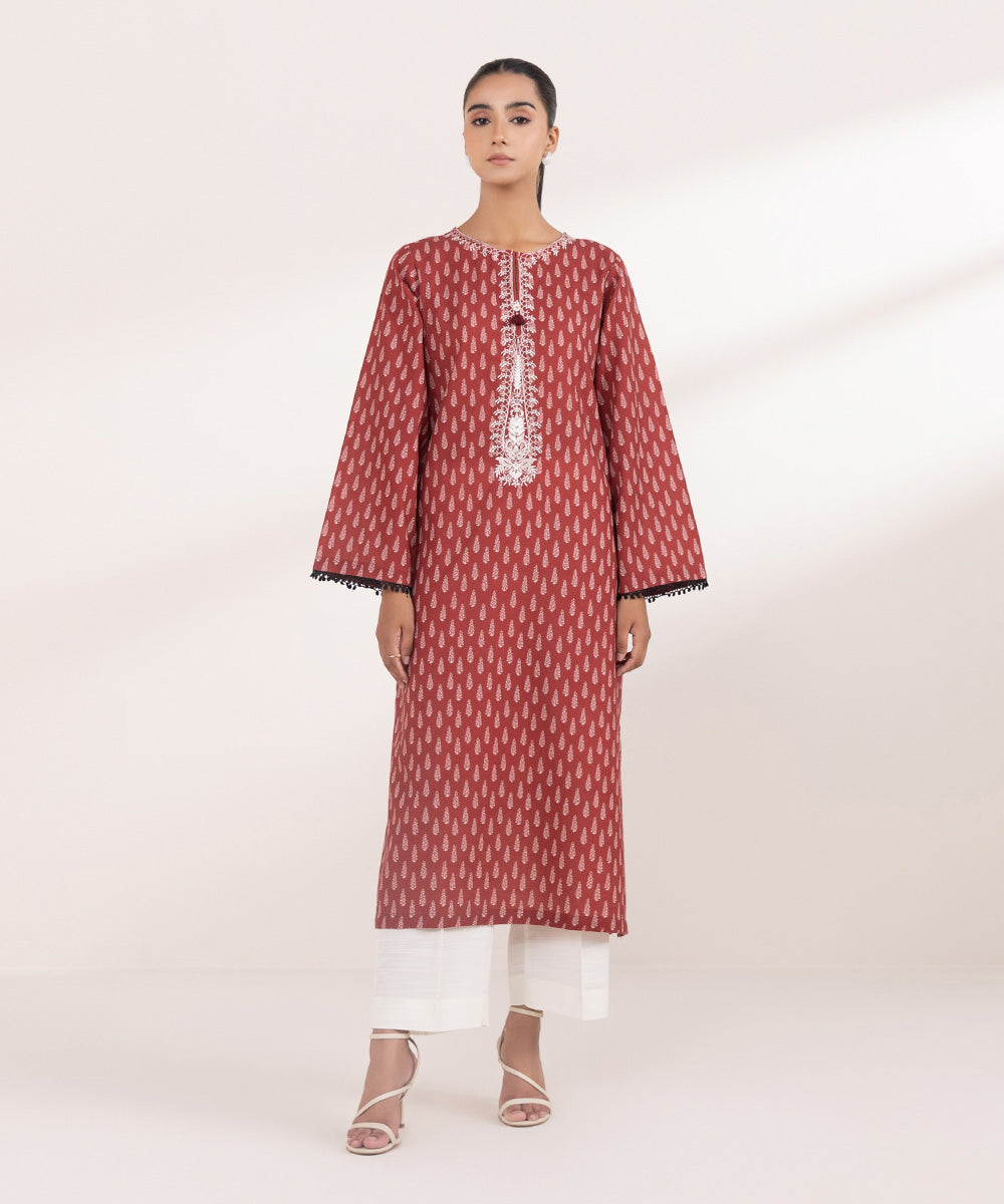 Women's Pret Khaddar Red Embroidered A-Line Shirt