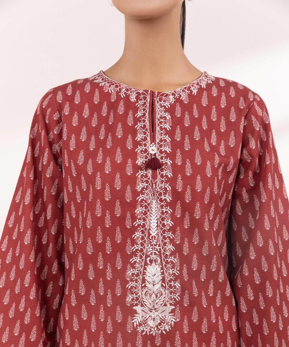 Women's Pret Khaddar Red Embroidered A-Line Shirt