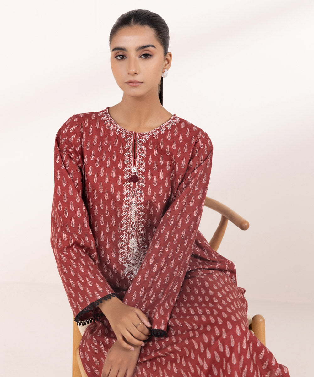 Women's Pret Khaddar Red Embroidered A-Line Shirt