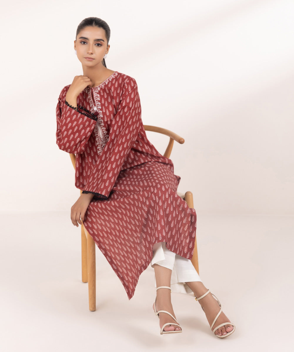 Women's Pret Khaddar Red Embroidered A-Line Shirt