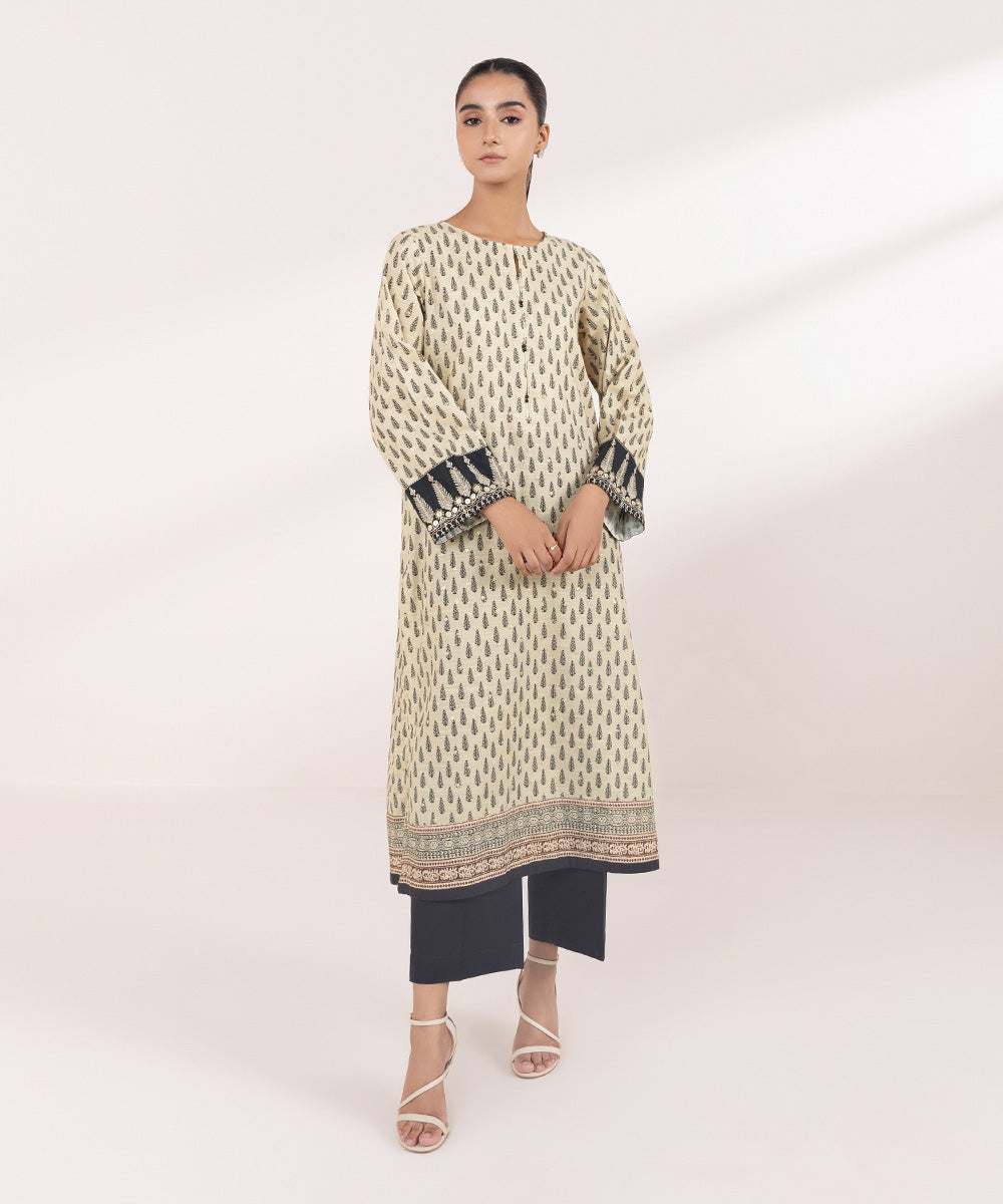 Women's Pret Khaddar Beige Embroidered A-Line Shirt