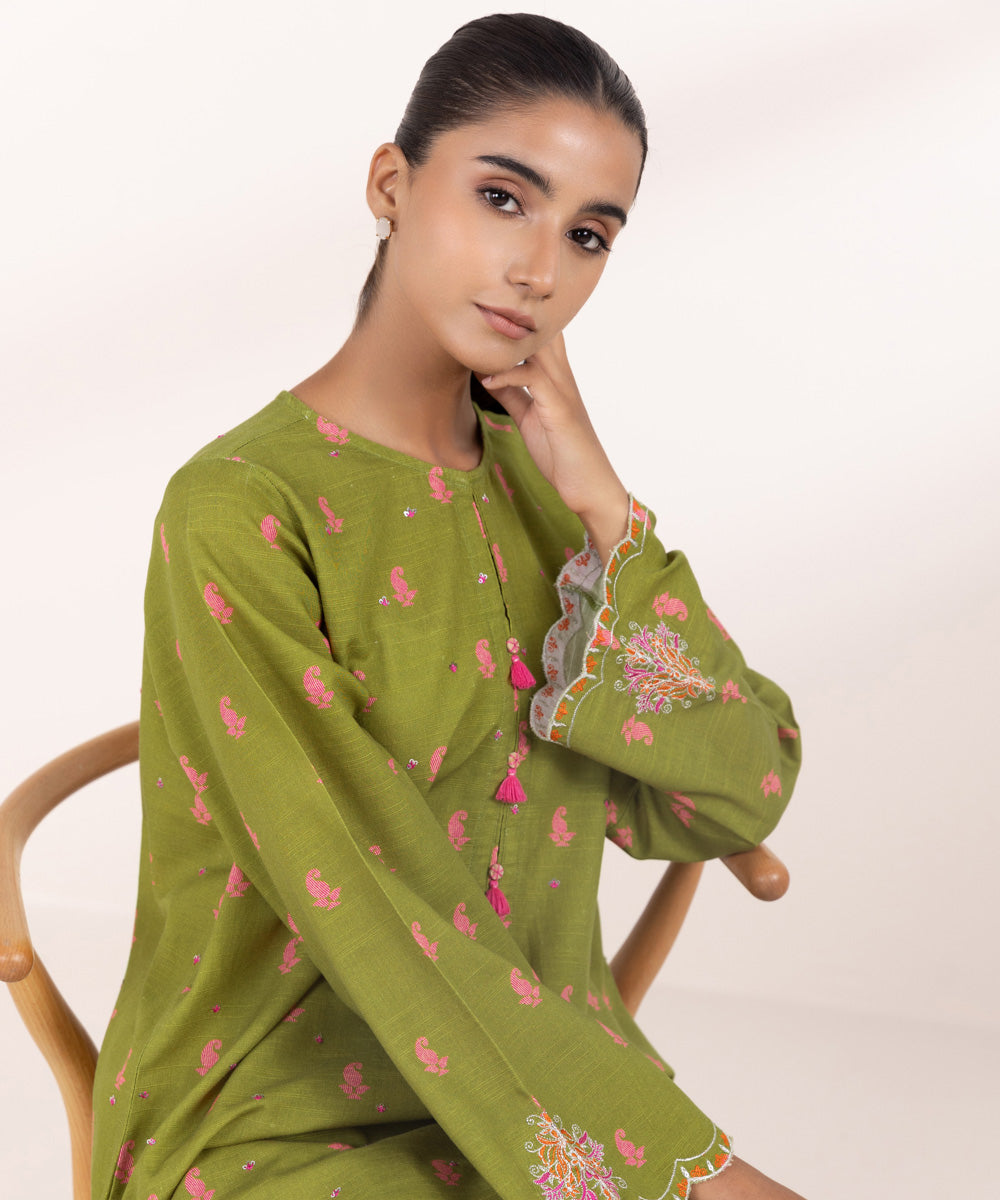 Women's Pret Khaddar Green Embroidered A-Line Shirt