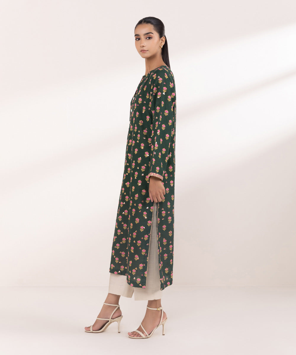 Women's Pret Khaddar Green Embroidered A-Line Shirt