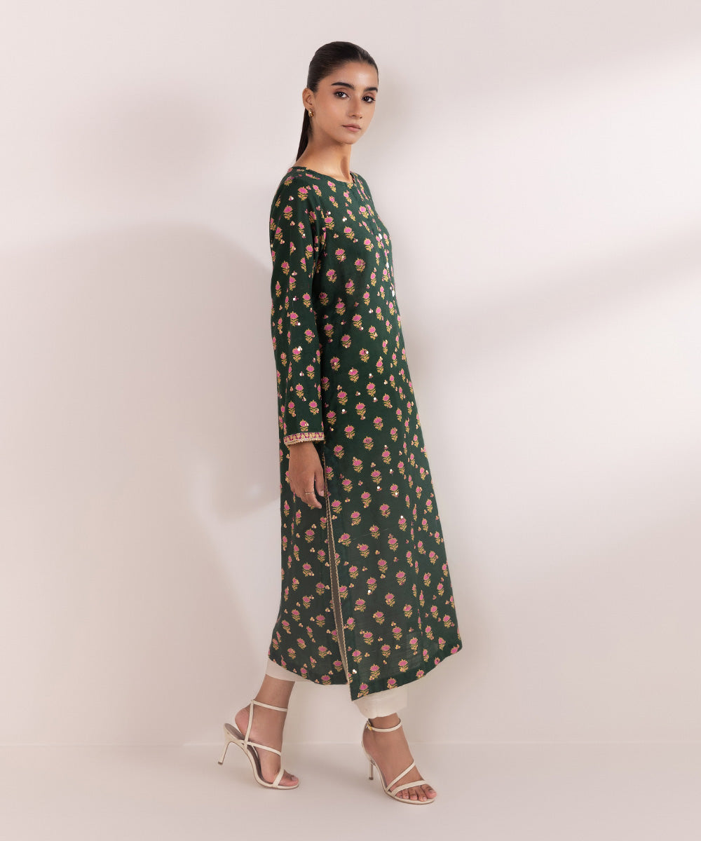 Women's Pret Khaddar Green Embroidered A-Line Shirt