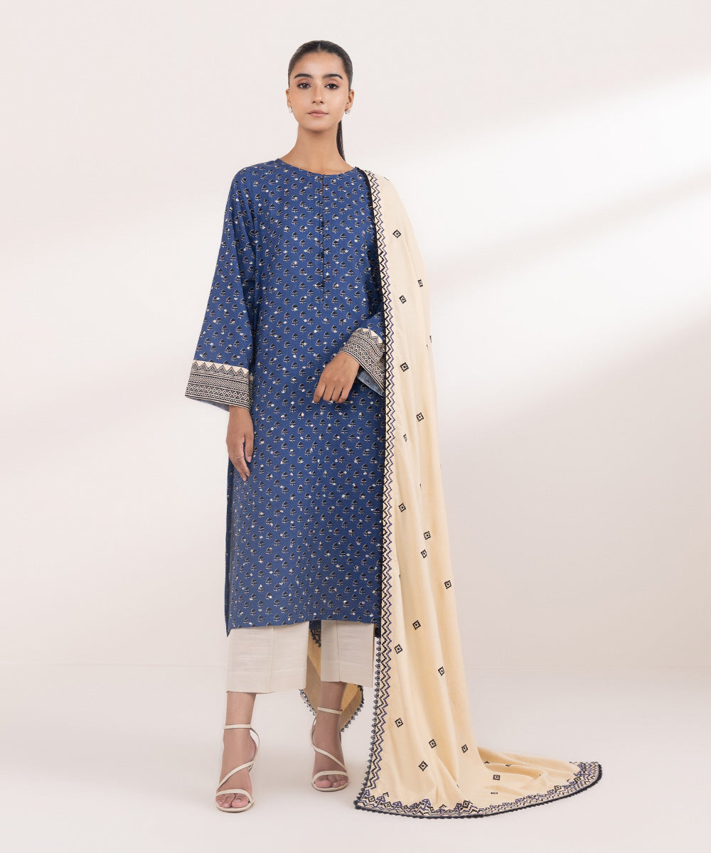 Women's Pret Khaddar Blue Embroidered A-Line Shirt