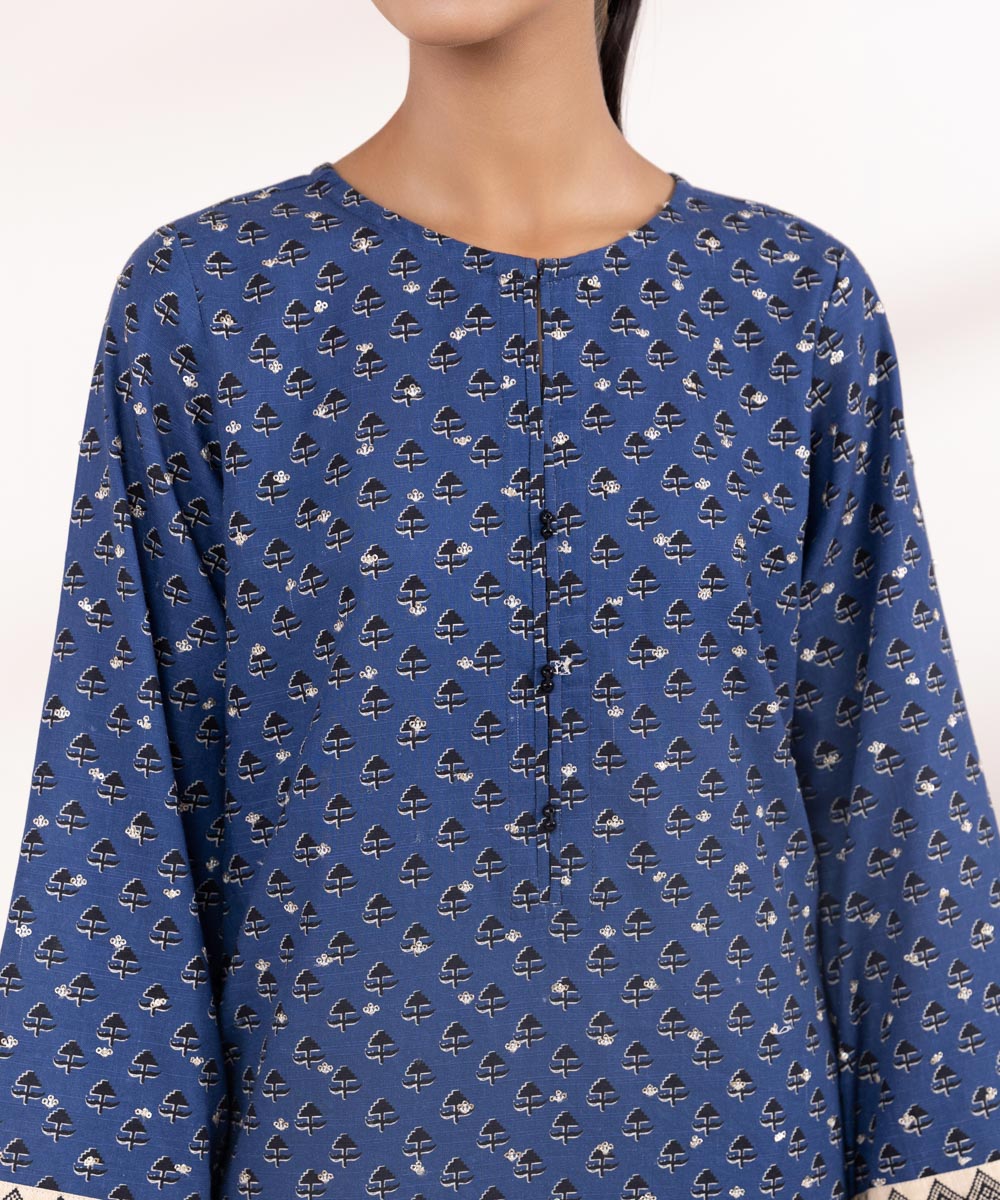 Women's Pret Khaddar Blue Embroidered A-Line Shirt