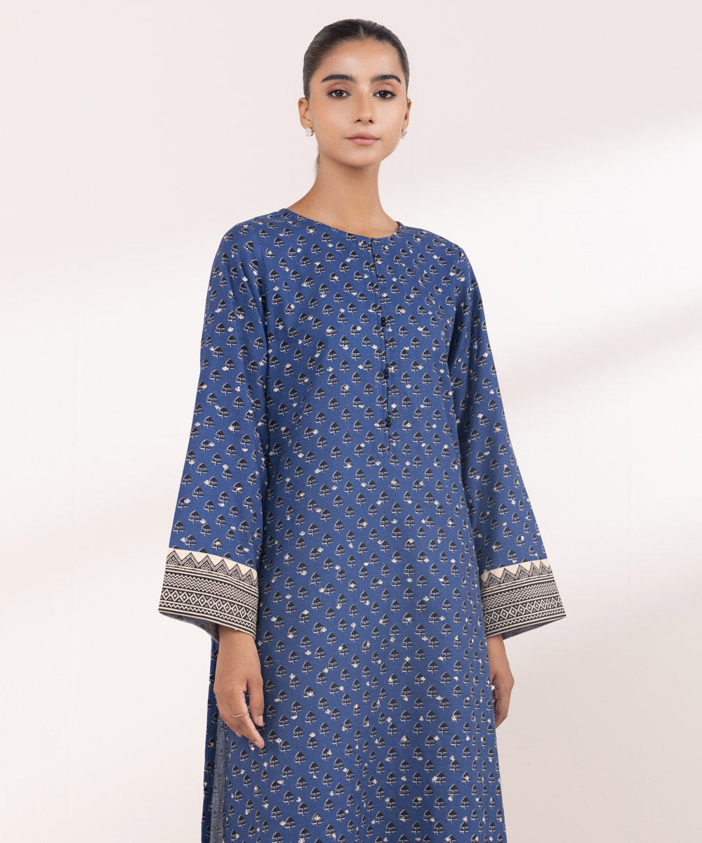 Women's Pret Khaddar Blue Embroidered A-Line Shirt