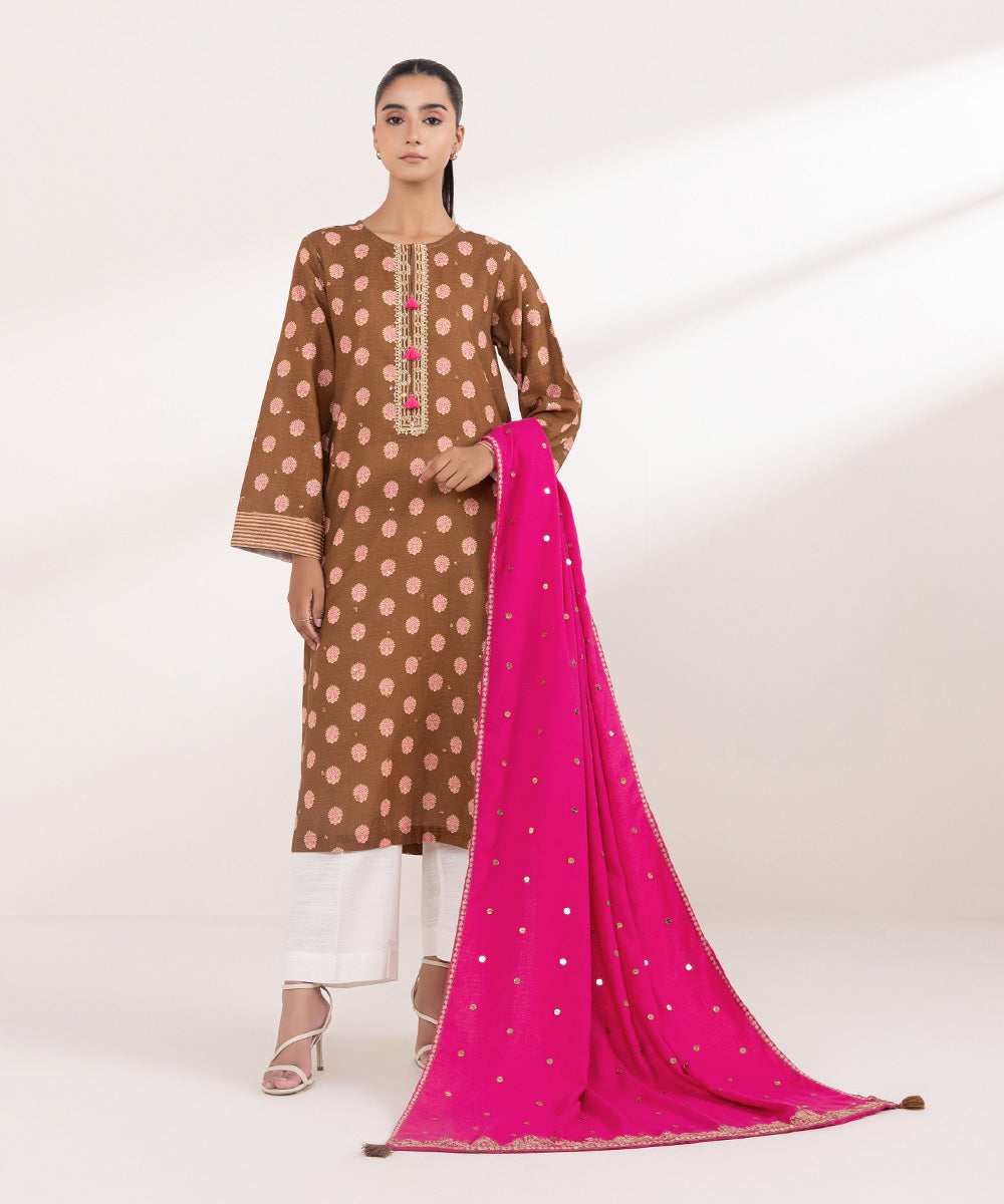 Women's Pret Khaddar Brown Embroidered A-Line Shirt