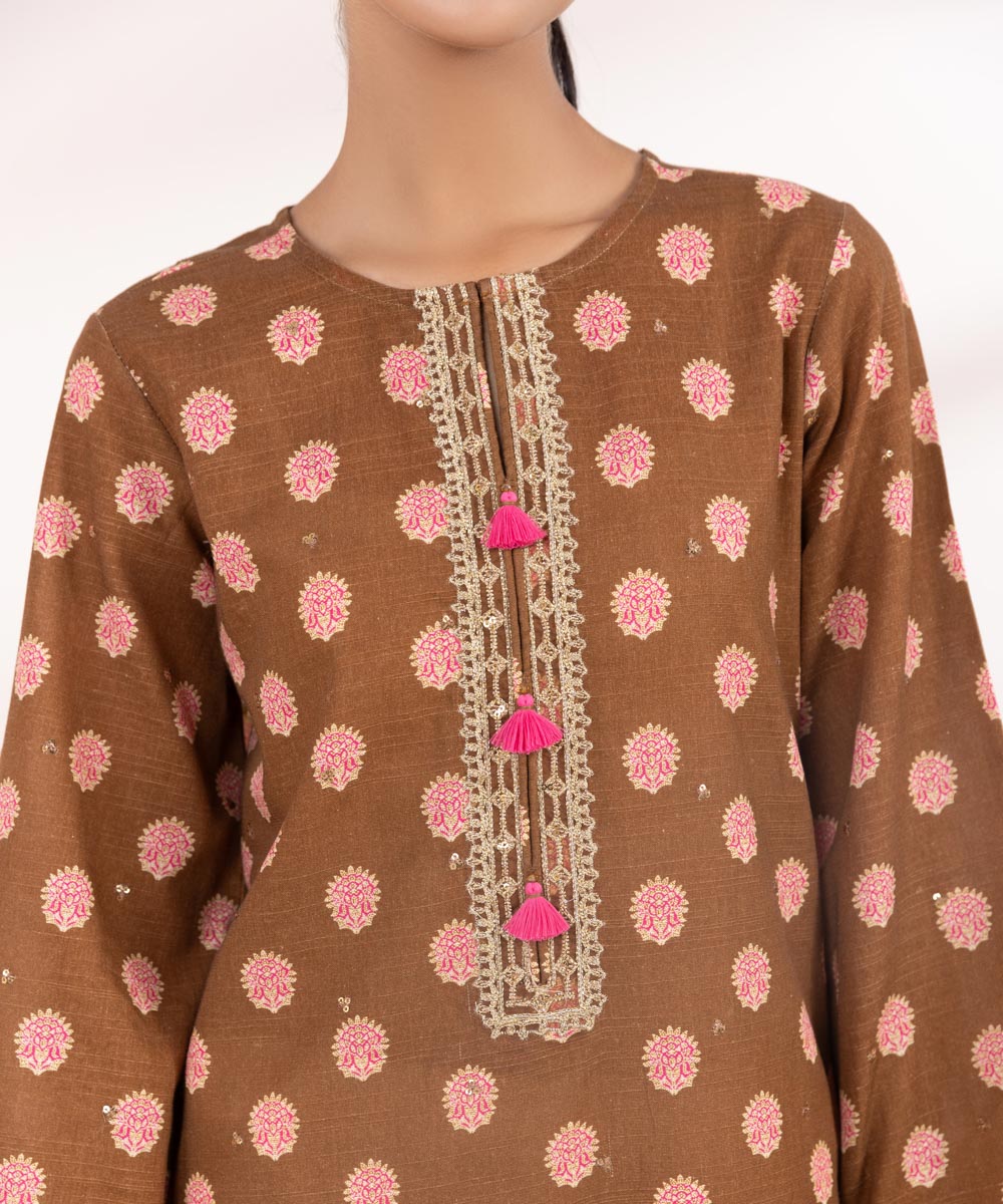 Women's Pret Khaddar Brown Embroidered A-Line Shirt