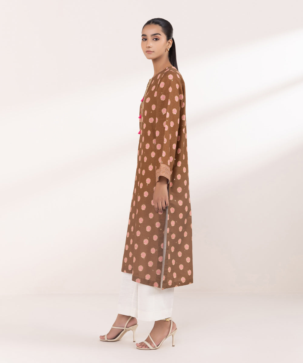 Women's Pret Khaddar Brown Embroidered A-Line Shirt