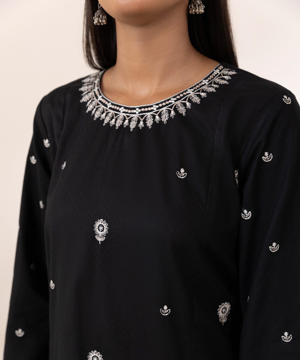 Women's Pret Dobby Embroidered Black A-Line Shirt