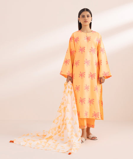 Textured Voile Orange Printed Dupatta