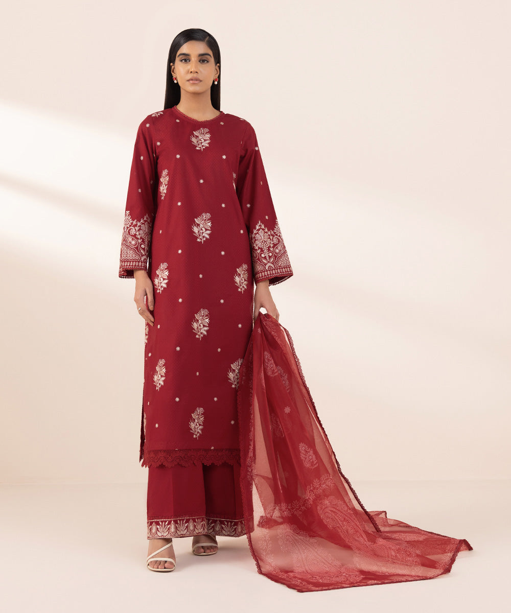 Blended Organza Red Printed Dupatta