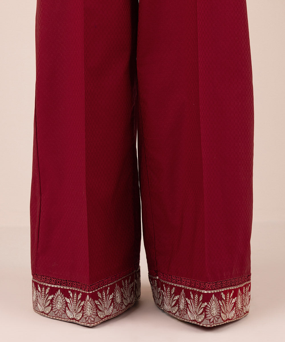 Women's Pret Dobby Red Embroidered Flared Pants