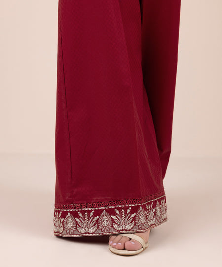 Women's Pret Dobby Red Embroidered Flared Pants