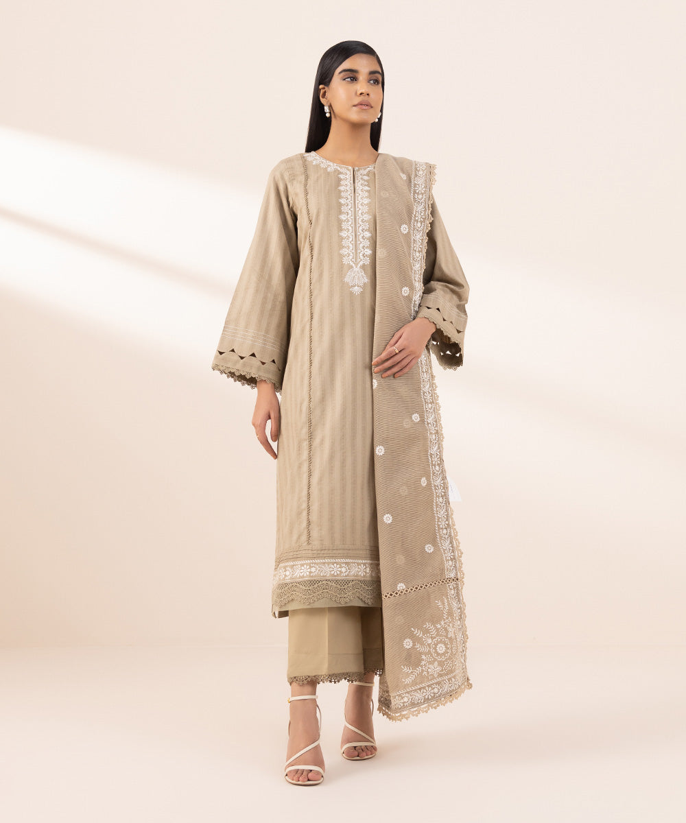 Blended Textured Karandi Beige Embroidered Dupatta